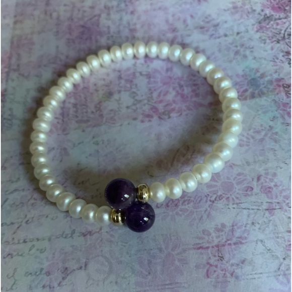 Amethyst Stone & Pearl Beaded Wrapped Wire Bracelet Woman’s Bracelet Jewelry - Picture 2 of 8